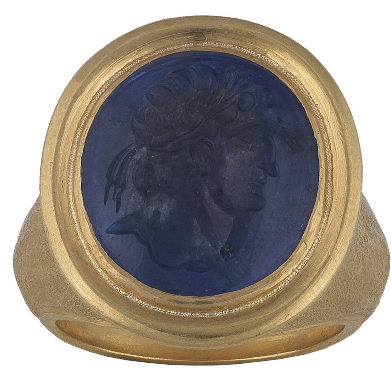 17th Century Renaissance Sapphire Intaglio Gold Ring of Roman Emperor Nero