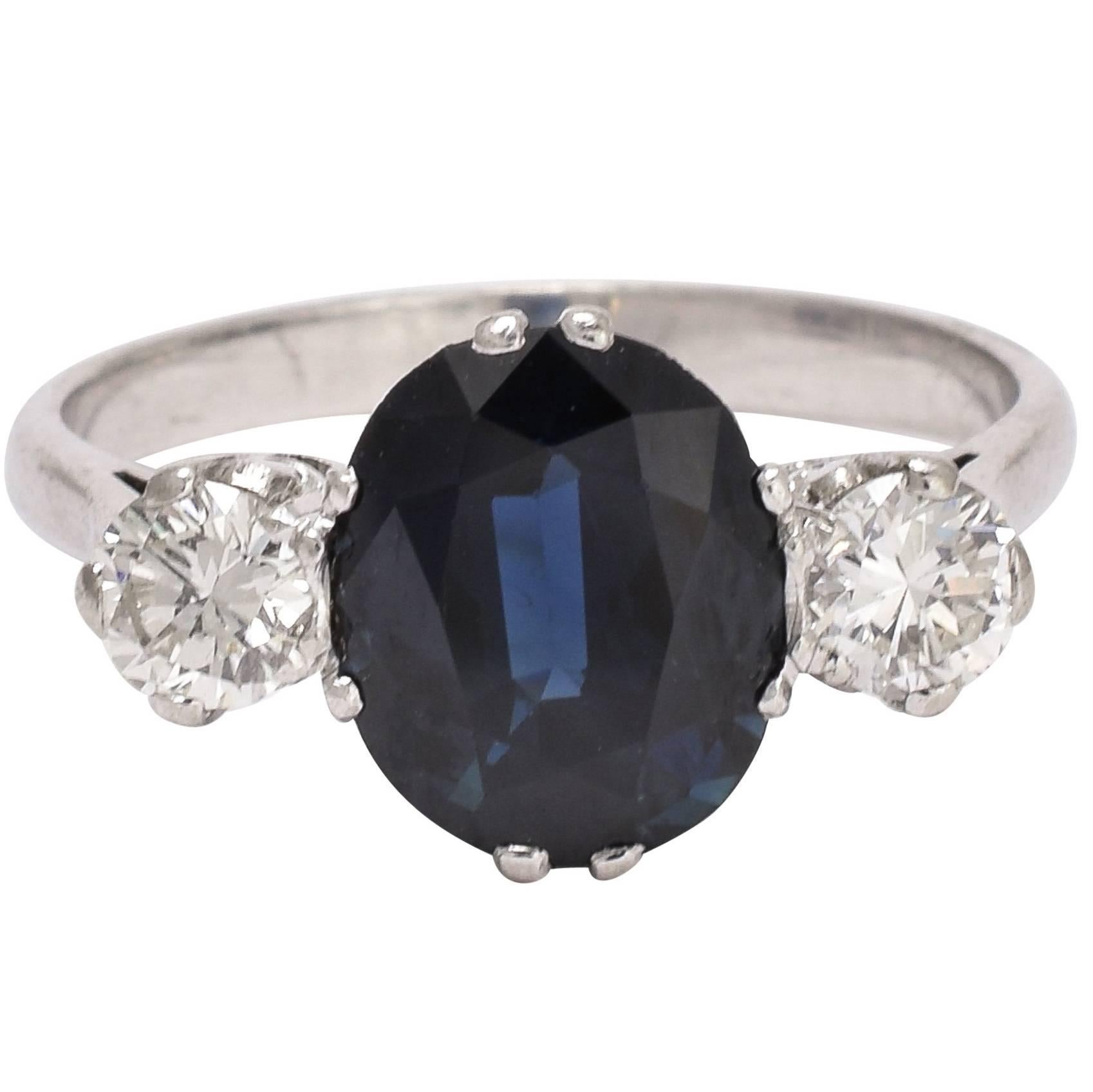 Art Deco Natural Sapphire Diamond Trilogy Engagement Ring