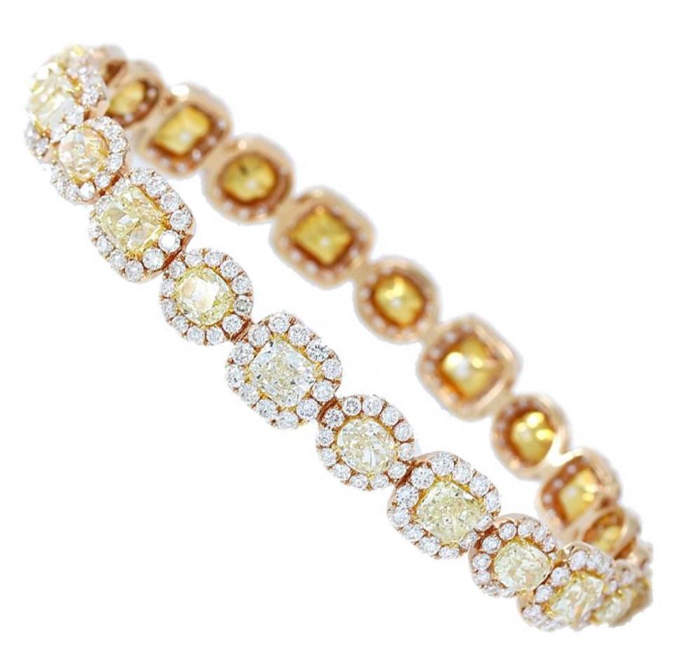 Rose Gold Bangle Bracelet with Fancy Yellow Diamonds Mixed Shapes with Halo  For Sale