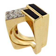 1970s Gold Onyx Diamond Geometric Ring Set