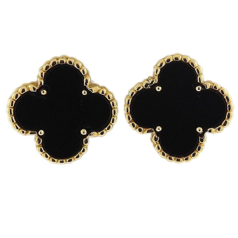 Van Cleef and Arpels Vintage Alhambra Gold Onyx Earrings at 1stDibs