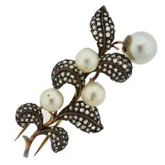 Mario Buccellati Gold Silver Rose Cut Diamond Pearl Brooch Pin