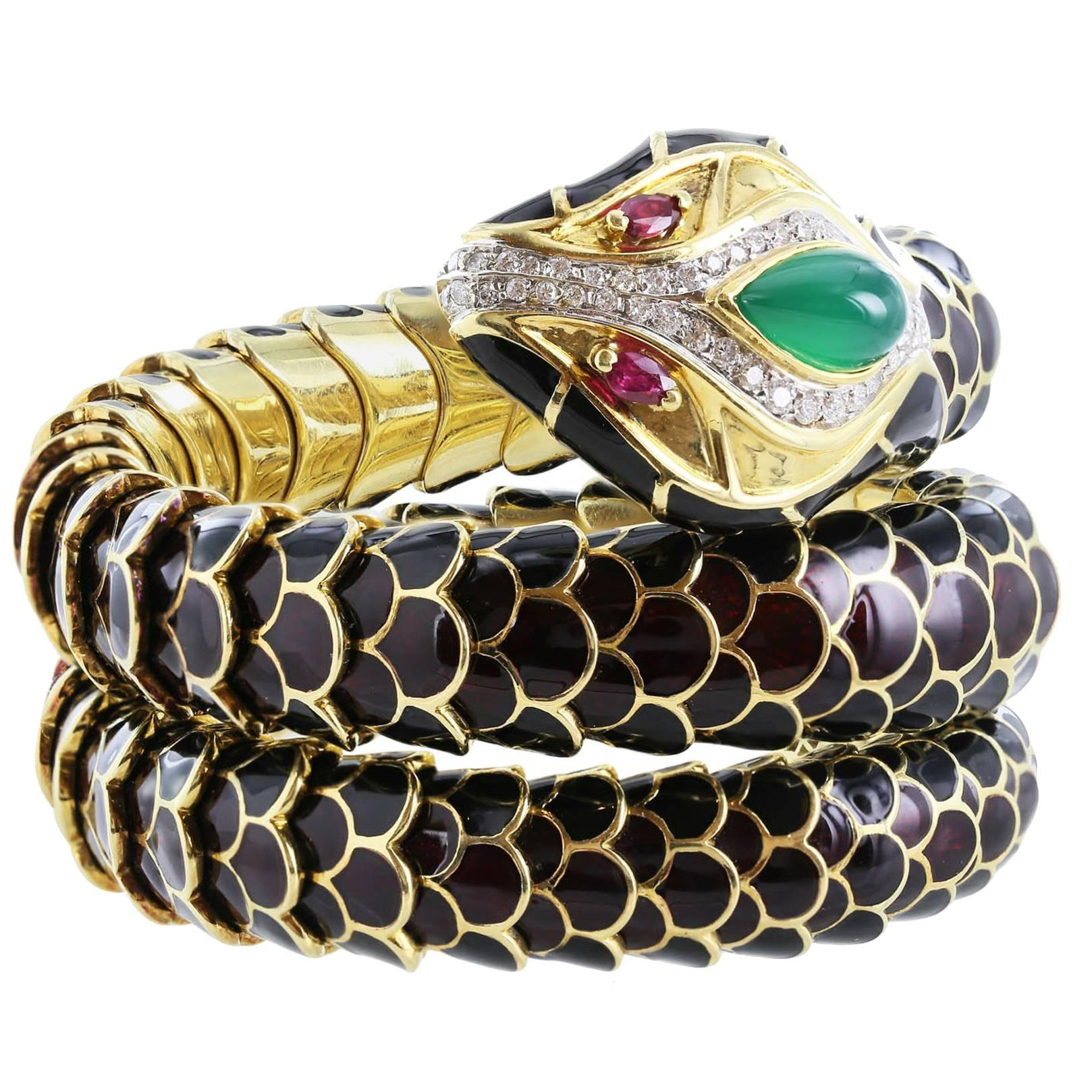 Black Enamel Snake Wrap Bracelet Diamonds Emerald Cabocon Ruby Eyes For Sale