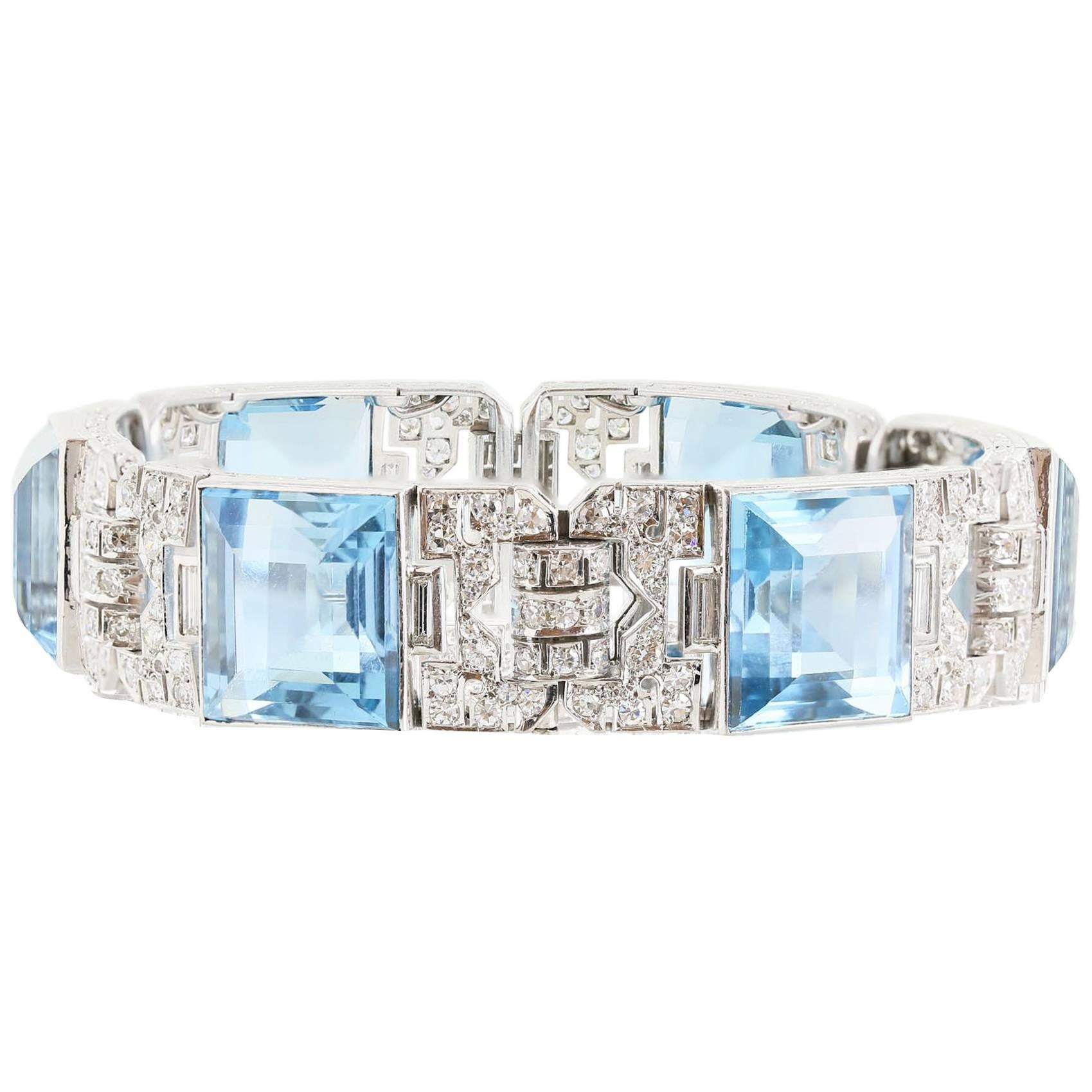Art Deco 80 Carat Aquamarine Diamond Bracelet For Sale