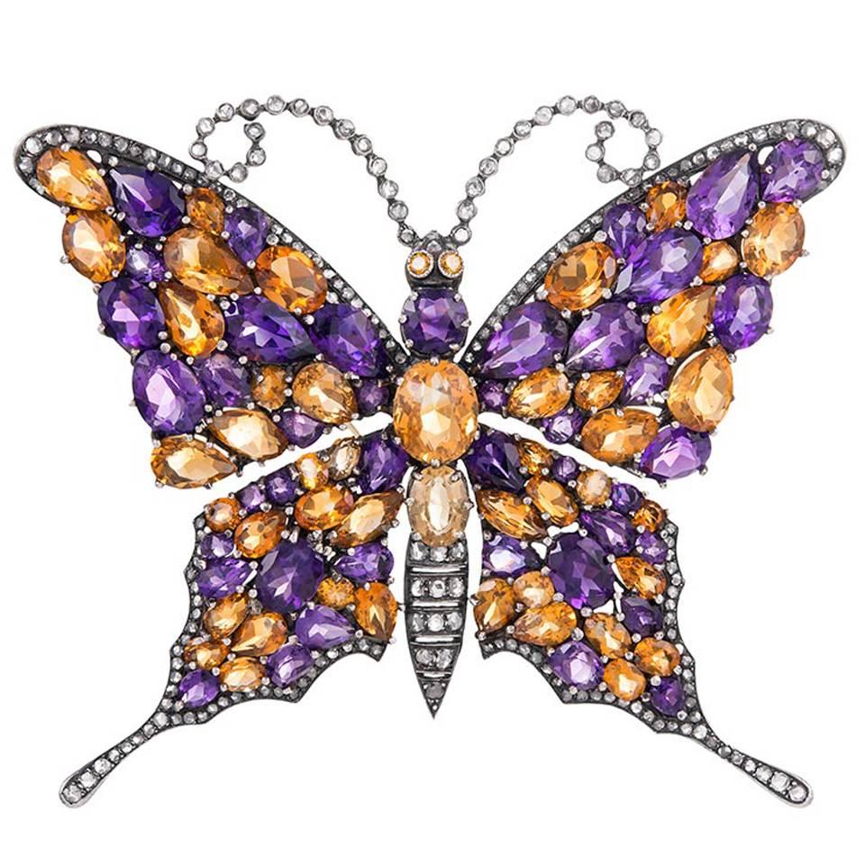 Splendid Amethyst Citrine Diamond Butterfly Brooch For Sale