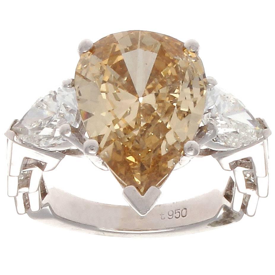GIA 3.72 Carat Fancy Colored Pear Shaped Diamond Platinum Engagement Ring