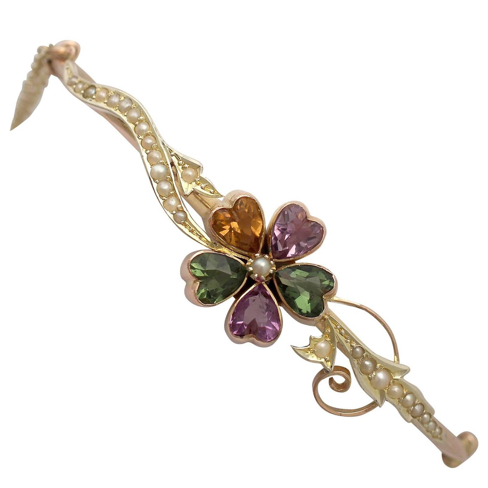 Victorian Amethyst, Citrine, Tourmaline, and Seed Pearl Yellow Gold Bangle