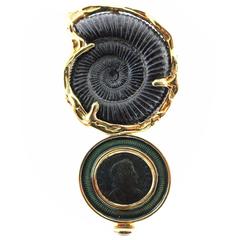 ELIZABETH GAGE Fossilized Nautilus with Ancient Roman Coin Brooch
