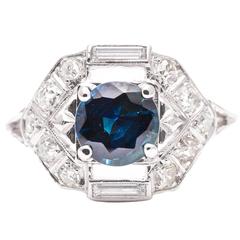 Antique Geometric Art Deco 1.12 Carat Sapphire and Diamond Ring in Platinum