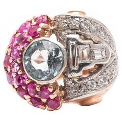 Exceptional Retro Aquamarine, Ruby, and Diamond Ring in Platinum and Rose Gold