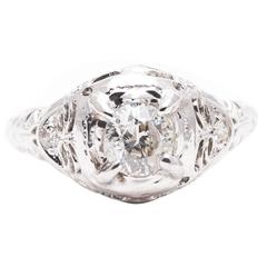 Art Deco 0.59 Carat Diamond Filigree Engagement Ring in 18k White Gold 10