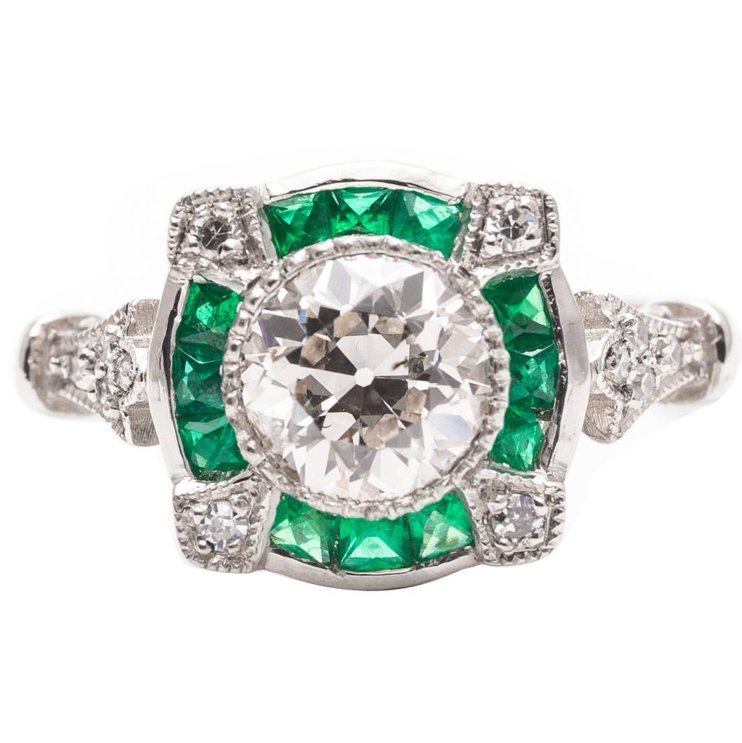 Diamond French Cut Emerald Engagement Platinum Ring  For Sale