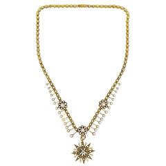 Antique Circa 1895 Pearl Diamond Yellow Gold Necklace