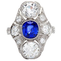 Antique Art Deco Kashmir No Heat Sapphire 1.66 Carat and Diamond Ring AGL Cert