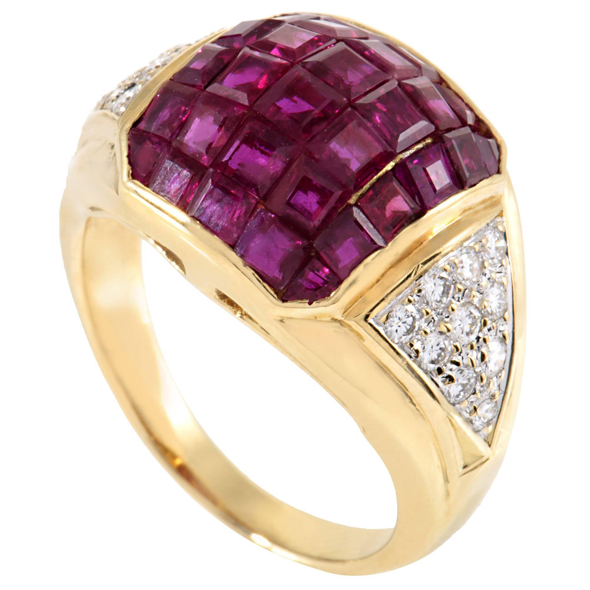 Diamond Pave and Invisible Set Ruby Yellow Gold Ring