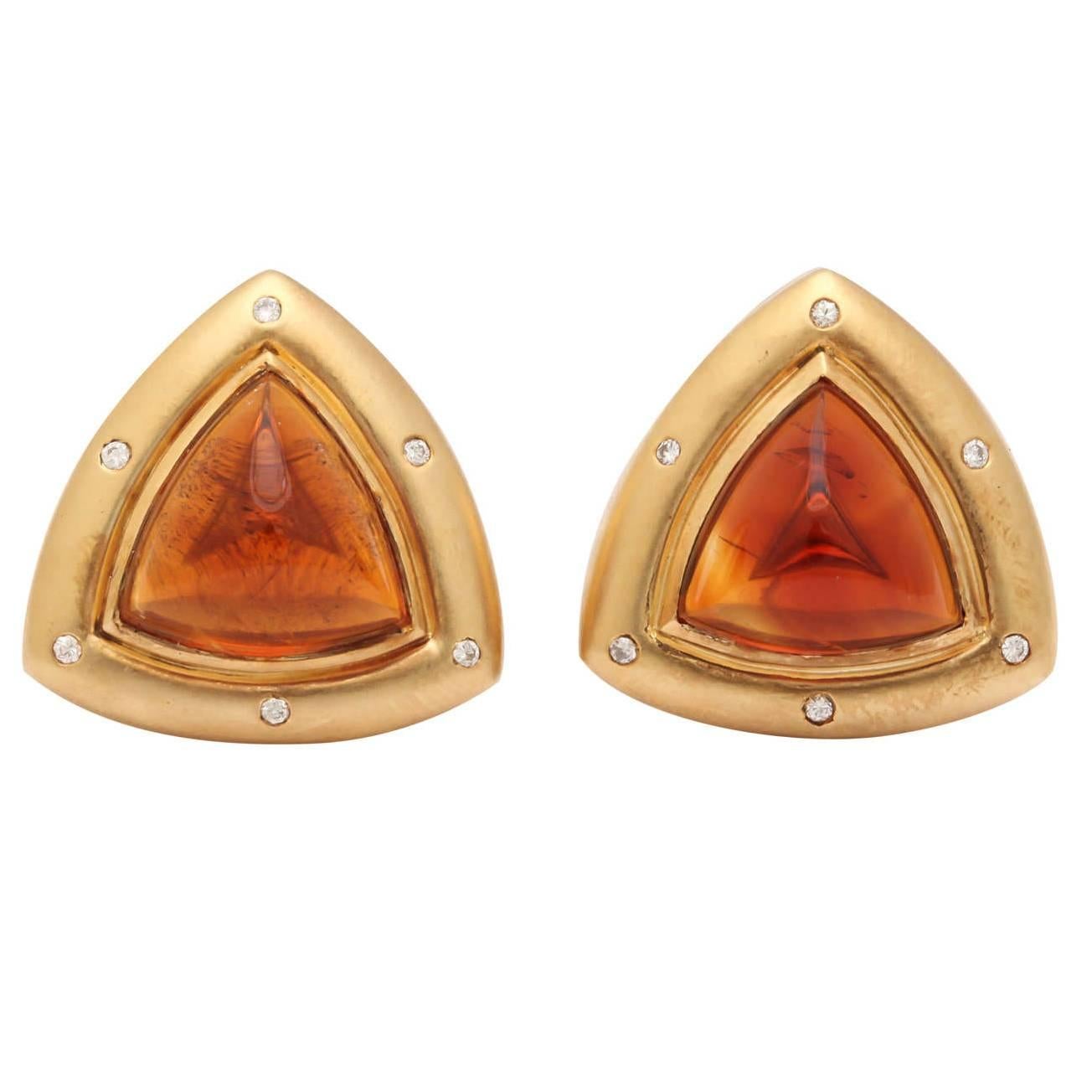 Gold Clip Earrings with Diamonds and Madeira Citrine Cabochons For Sale