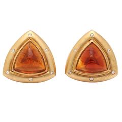 Gold Clip Earrings with Diamonds and Madeira Citrine Cabochons
