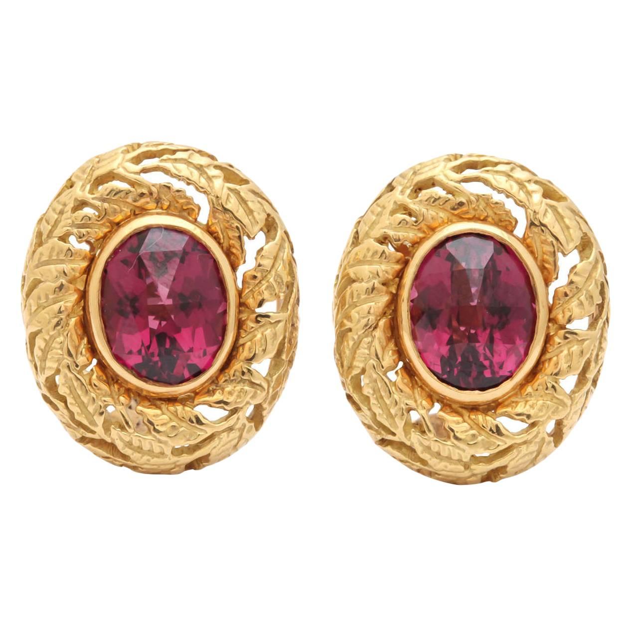 Gold Earrings with Rhodolite Garnets For Sale