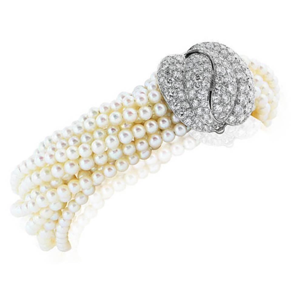 Multi-Strand Pearl Bracelet with Diamond Platinum Clasp For Sale