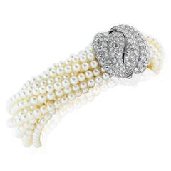 Multi-Strand Pearl Bracelet with Diamond Platinum Clasp