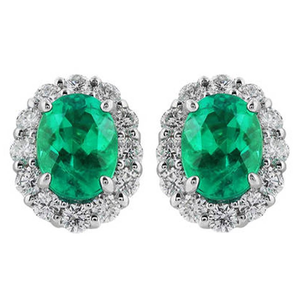 1.93 Carat Emerald Diamond Gold Earrings For Sale