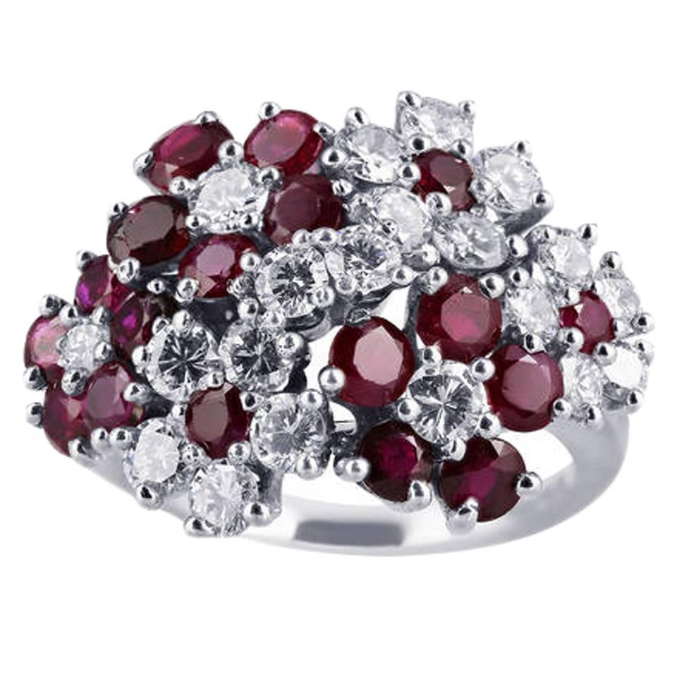 Ruby Diamond Platinum Floral Motif Ring For Sale