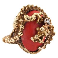 A Great Coral Gold Dragon Ring 