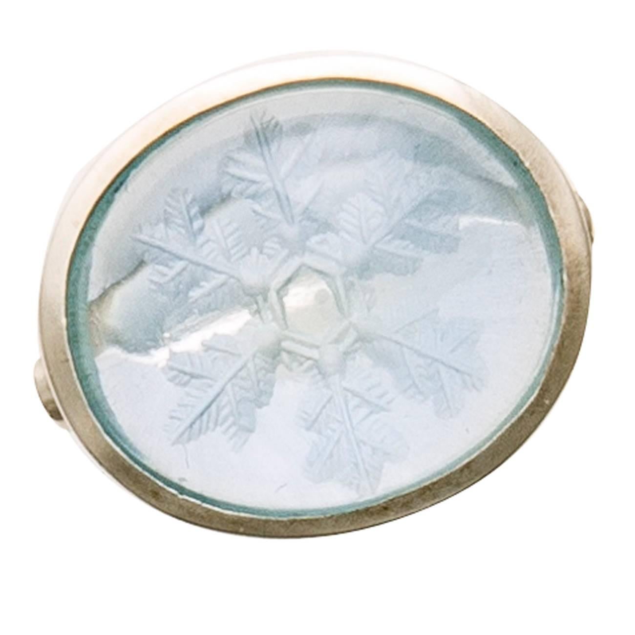 Aquamarine Silver Snowflake Intaglio Dome Ring