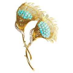 Elegant Turquoise Diamond Gold Brooch