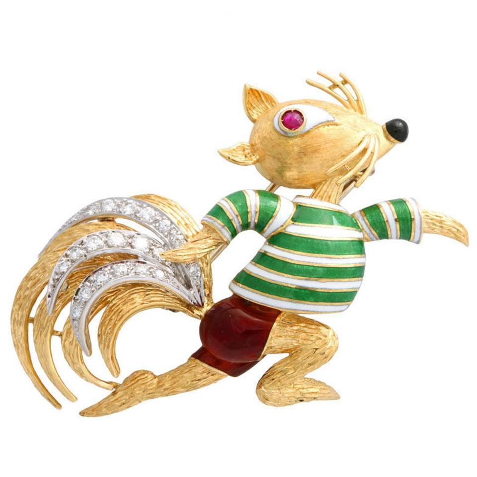 Claflin Style - Amusing Running Squirrel Enamel Ruby Diamond Gold Brooch