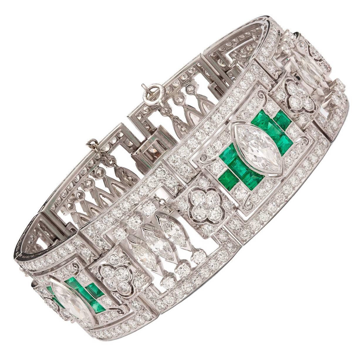 Art Deco Emerald Diamond Platinum Panel Bracelet