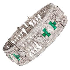 Art Deco Emerald Diamond Platinum Panel Bracelet 3