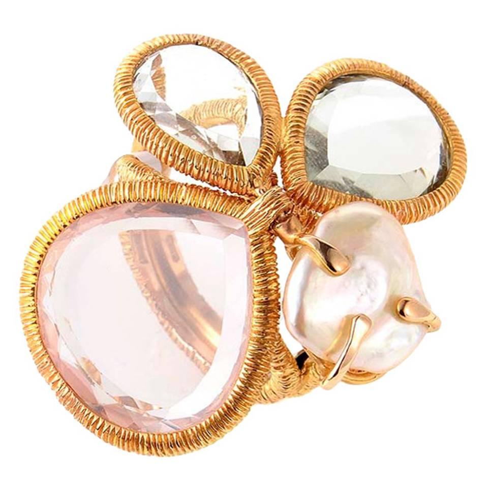 LeaderLine Multi-Quartz Baroque Pearl Gold Ring