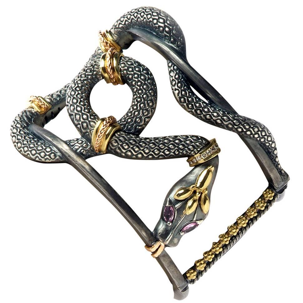 Stambolian Silver Gold Serpentine Bangle Bracelet
