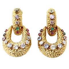 Multi Gem Hammered Gold Earrings 5