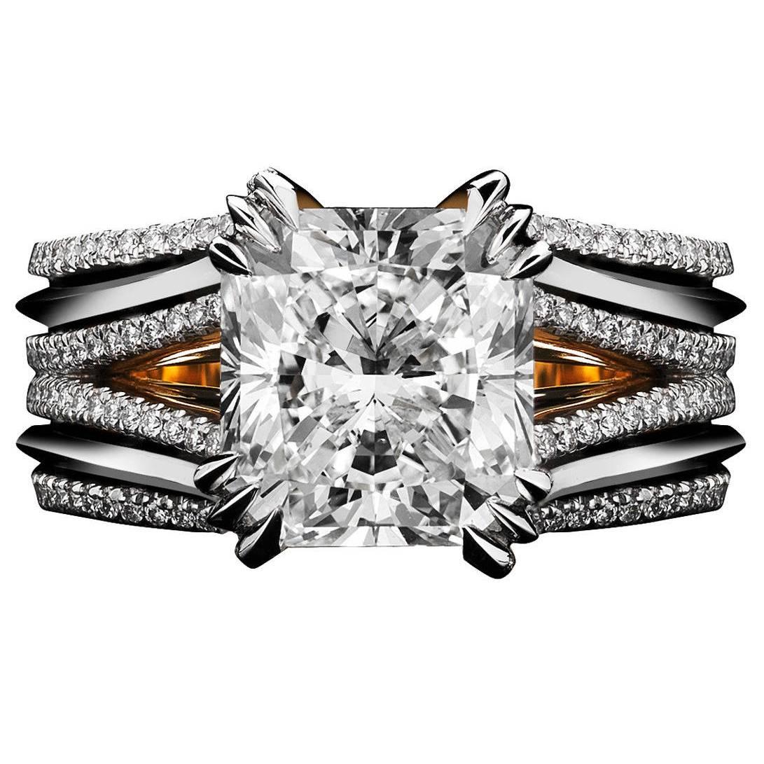 Alexandra Mor Double-Shank Floating Radiant-Cut Diamond Gold Platinum Ring For Sale