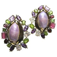 Vintage Massive Multicolored Gemstone and Shell Ear Clips