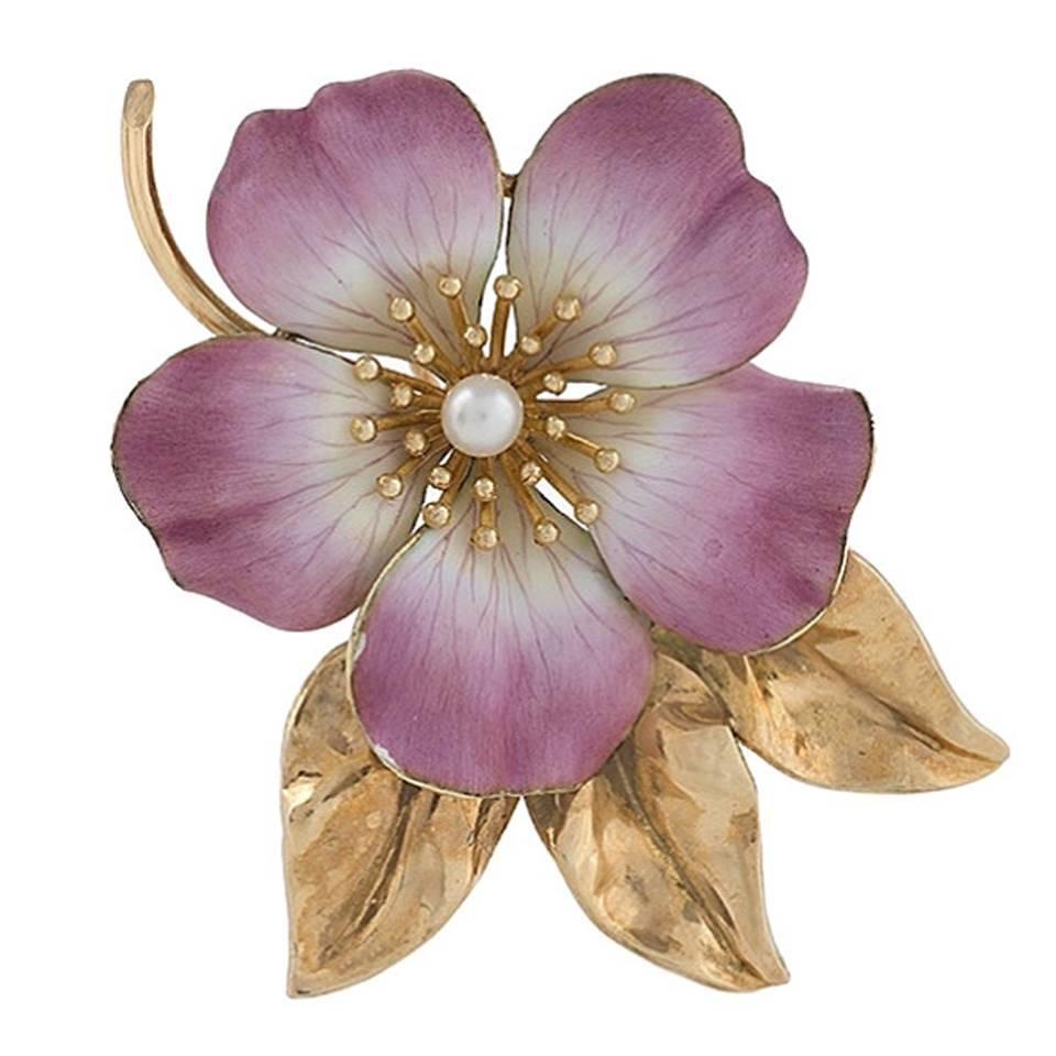 Hedges 
Co. Art Nouveau Pearl, Gold and Enamel Flower Brooch