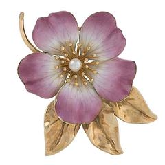 Antique Hedges & Co. Art Nouveau Pearl, Gold and Enamel Flower Brooch