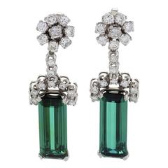 Late-20th Century Diamond Tourmaline and Platinum Earrings