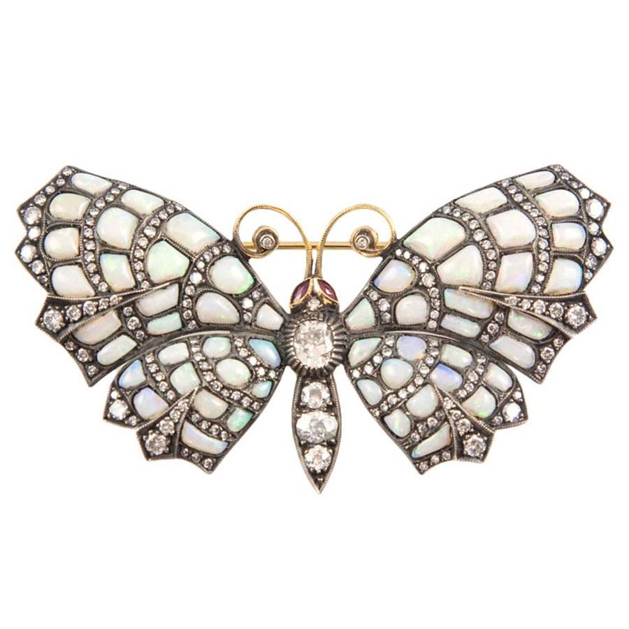 3.05 Carat Diamond, 6.60 Carat Opal, 18 Karat Gold & Silver Butterfly Brooch For Sale