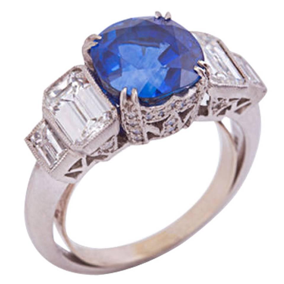 GIA Certified 4.04 Carat Vivid Ceylon Sapphire Diamond Platinum Engagement Ring For Sale