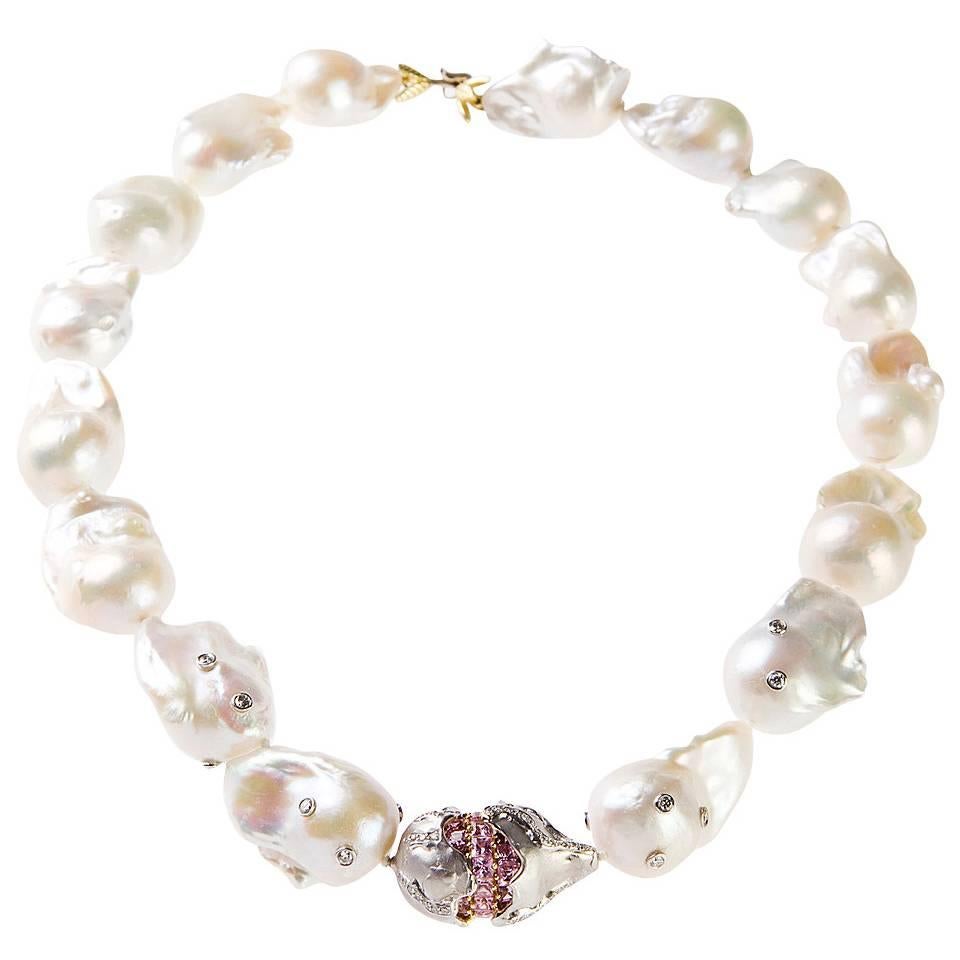 Stambolian Baroque Pearl and Pink Sapphire Gold Rondel Necklace