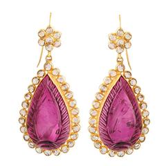 Dramatic Carved Rubelite Diamond Gold Drop Earrings 3