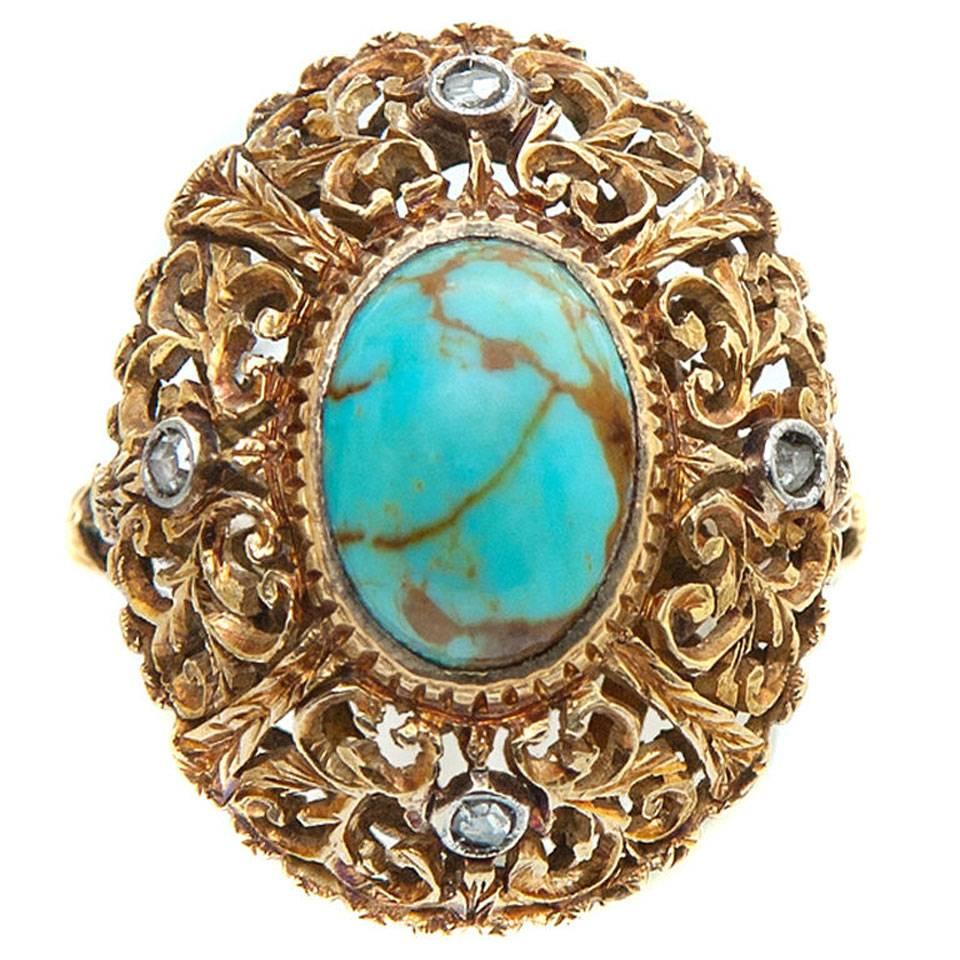 Edwardian Handmade Turquoise Gold Ring at 1stDibs