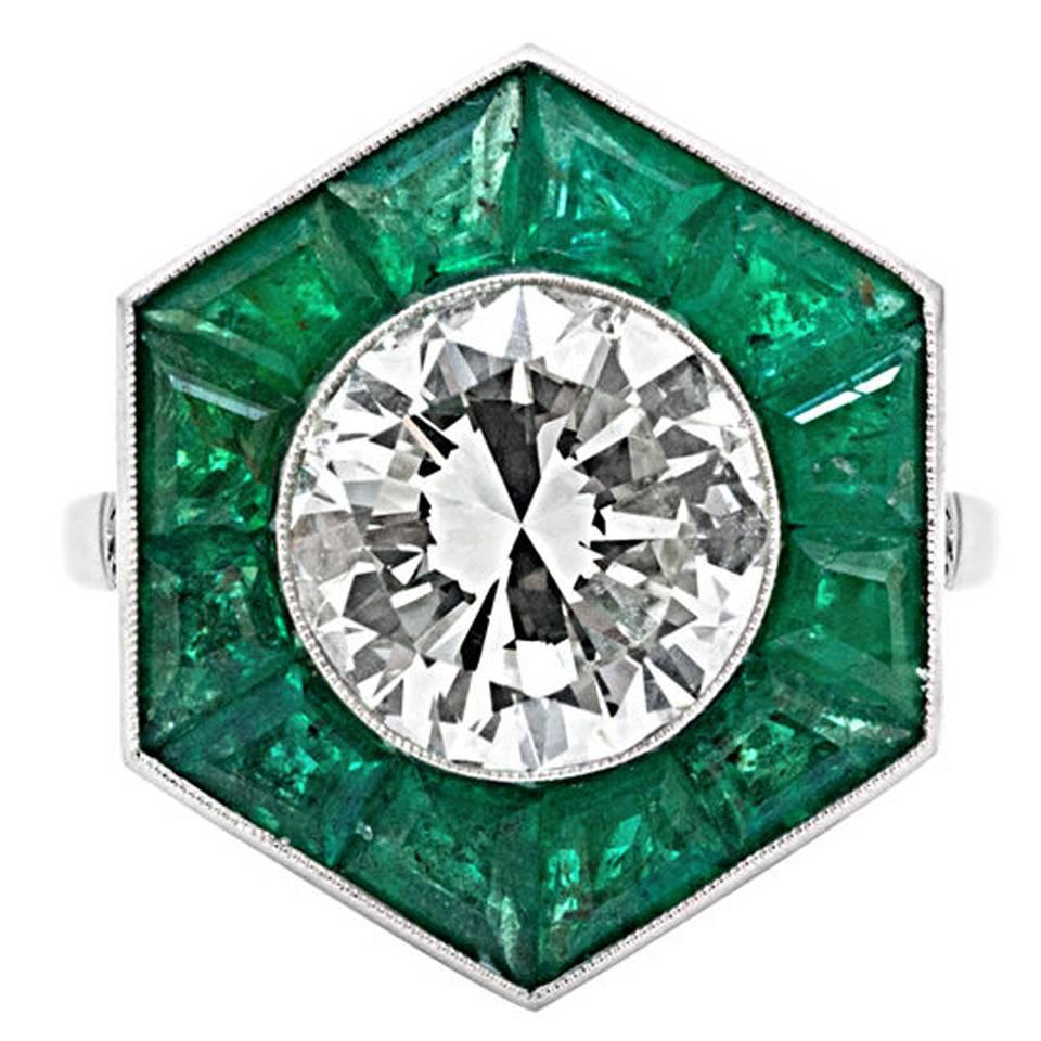 Art Deco Diamond Emerald Platinum Ring