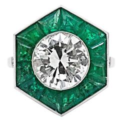 Art Deco Diamond Emerald Platinum Ring 1