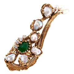 Vintage Modernist Large Pearl Jade Diamond Gold Ring