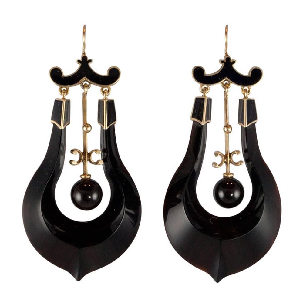 Victorian Black Enamel Onyx Gold Earrings For Sale
