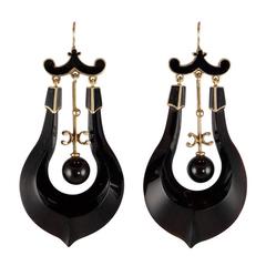 Antique Victorian Black Enamel Onyx Gold Earrings